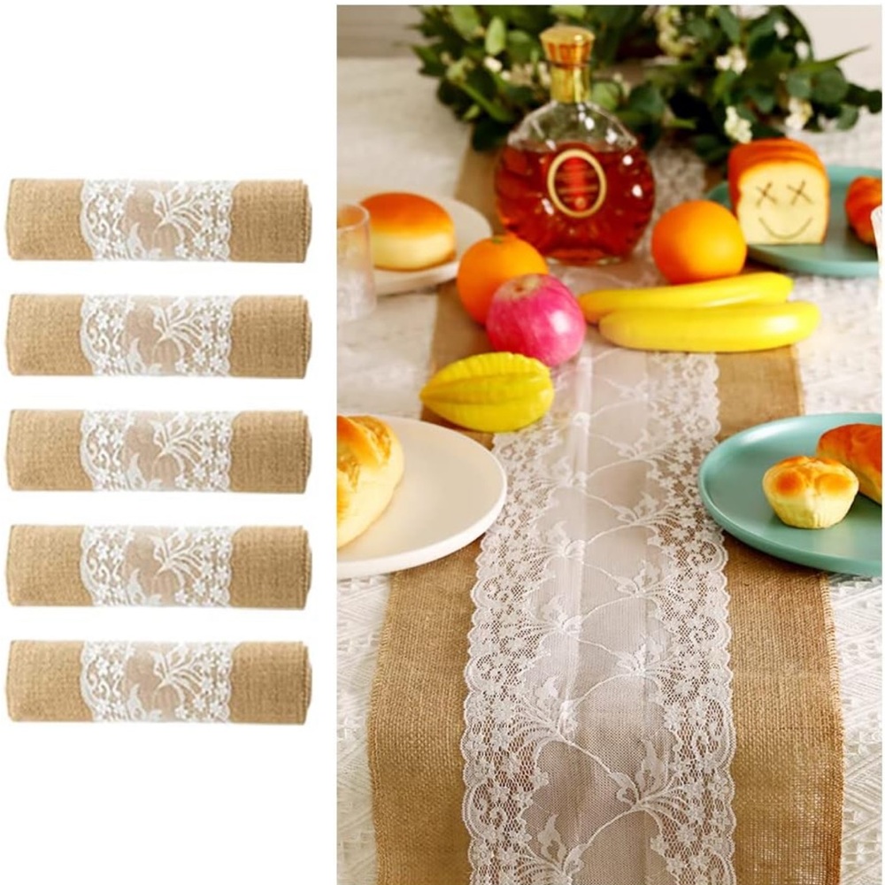 5 Table Runners Burlap and Soft Lace